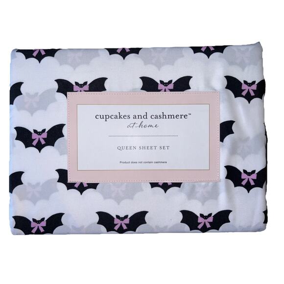 Cupcakes & Cashmere Halloween Bats and Bows Pink 4 piece Queen Sheet Set - Picture 1 of 4